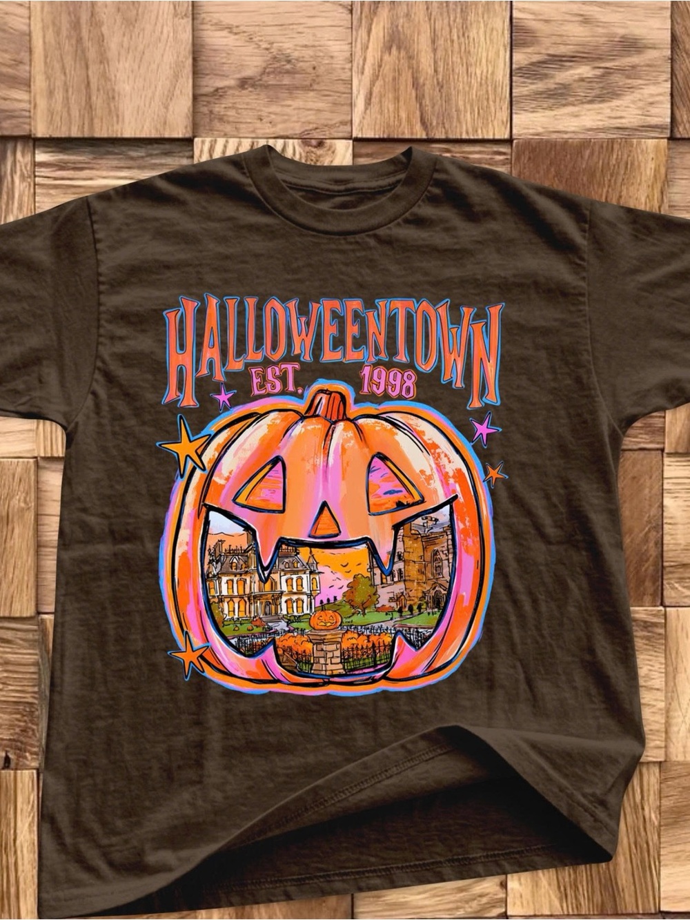Gildan Brown HalloweenTown Pumpkin Graphic Tee with Orange & Pink Details